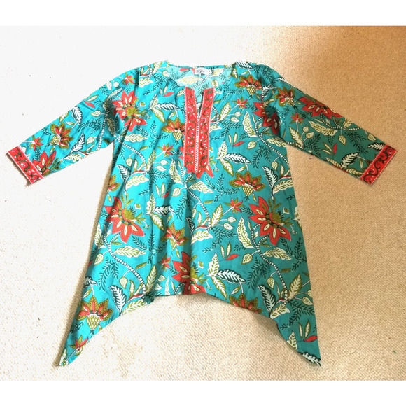 Womens Top-SIGNALS-teal/coral/white floral asymmetric lagenlook BOHO tunic 3/4-M - Picture 1 of 4